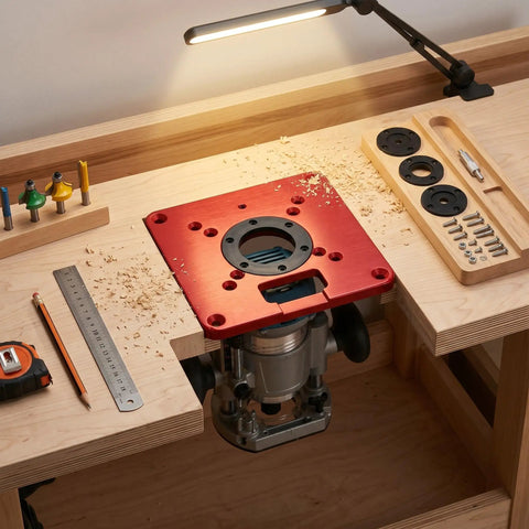 Heavy Duty Aluminum Router Table Insert Plate slides right into your bench, 12x12 inch setup on woodworking table.