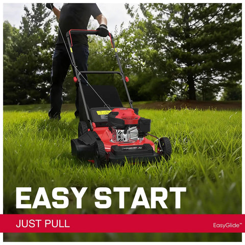 Man using EasyGlide 21 Inch Gas Lawn Mower With 144cc 4 Stroke OHV Engine Push Walk Behind 3 In 1 in a yard.