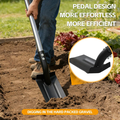 Go-To Heavy Duty Trench Shovel With A 4 Inch V Shape Blade Narrow Spade For Precision Digging Edging And Entrenching 60 Inch Adjustable Long Handle And Foot Pedal Professional Grade Garden And Landscaping Tool in use on soil