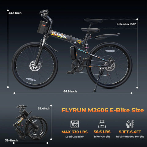 Foldable Electric Bike For Adults With 750W Peak Power, 26 Inch Wheels, 48V Long Range Battery, Up To 20 MPH And 50 Plus Mile Range, Dual Disc Brakes And Dual Hydraulic Suspension, Ideal For Commuting And Light Trail Riding. Black foldable e-bike size chart