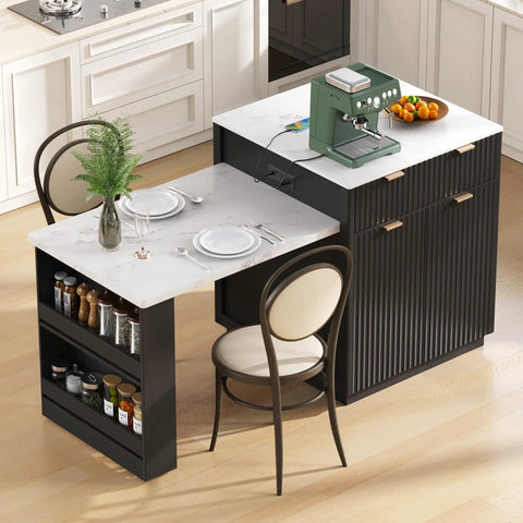 Badass Eighty Three Inch Waterproof Faux Marble Kitchen Cart With Integrated Power Hub Dual Side Rolling Drawers. Elegant kitchen island with coffee station.