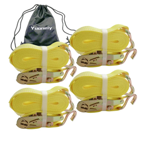 Heavy Duty Ratchet Tie Down Straps 2 Inch X 15 Feet With Reinforced Steel J Hooks 4 Pack shown with storage bag.