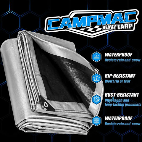 Rugged Heavy Duty Tarp With 16 Mil Thickness And Metal Grommets Every 18 Inches, 20 Feet By 30 Feet In Silver, folded with features