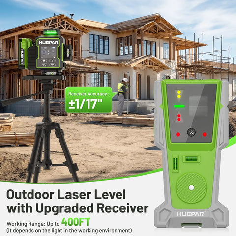 4D Self Leveling Green Laser Level With Receiver For Construction And Framing 360 Degree Cross Lines 400 Ft Range Job Site Tough Dead On Target Pro Rig For Tiling And Flooring on tripod near a building site.