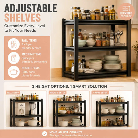 Three Tier 32 Inch Tall Adjustable Metal Kitchen Storage Shelf Pantry Baker Rack With Non Slip Feet shown with containers and dishes