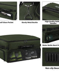 Golf Trunk Organizer With Dual Shoe Compartments Up To Size 15 Car Locker For Balls Tees Clothes Gloves Accessories, green design with pockets and compartments.