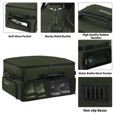 Golf Trunk Organizer With Dual Shoe Compartments Up To Size 15 Car Locker For Balls Tees Clothes Gloves Accessories, green design with pockets and compartments.
