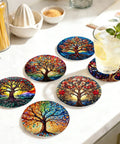 Diamond Art Coasters 8 Pack With Holder For Adults DIY Diamond Painting Coaster Kit 4X4 Inches Trees Design on table