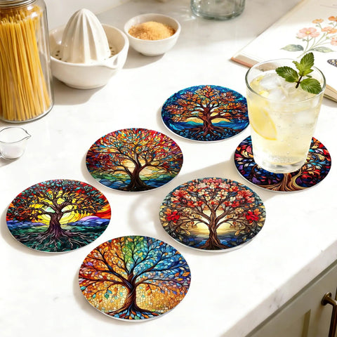 Diamond Art Coasters 8 Pack With Holder For Adults DIY Diamond Painting Coaster Kit 4X4 Inches Trees Design on table