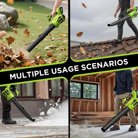 Collage showing Powerful 580 CFM Cordless Leaf Blower With Dual Batteries in yard, roof, workshop, cleaning scenarios.