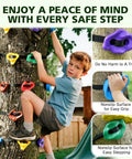 Child climbing tree using Ninja Tree Climbing Holds Set For Kids And Grownups; colorful durable holds with ratchet straps.
