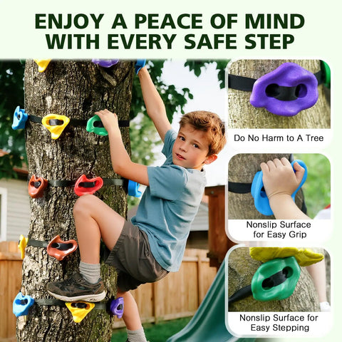 Child climbing tree using Ninja Tree Climbing Holds Set For Kids And Grownups; colorful durable holds with ratchet straps.