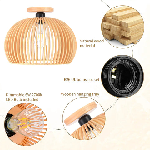 Semi Flush Mount Ceiling Light Fixture with Woven Rattan Cage Shade, E26 base, dimmable LED bulb, cozy rustic farmhouse vibe