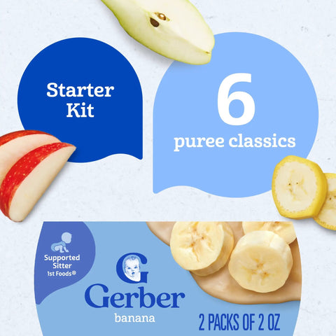My First Fruits Starter Kit Banana Pear Apple Puree In 2 Ounce Tubs Set Of Six On The Go Baby Food packaging with fruit slices.