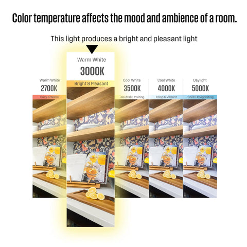 Image showing color temperature chart for LED light from Warm White 2700K to Daylight 5000K.