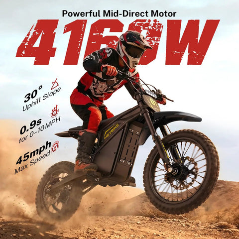 Dual Pack Off Road Beast Mode Electric Dirt Bike With 4160W Mid Drive Motor And 52V 26Ah Battery Rocking 14 Inch Fat Tires in action on rugged terrain.