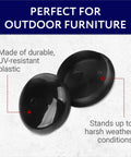 Patio Chair Feet Caps 1.5 Inch Black 32 Pack UV Resistant Plastic Furniture Leg Caps Outdoor Floor Protectors For Metal And Wood Chairs Prevent Scratches Moisture And Slips On Patio Decks showing two black plastic caps with text "Made of durable, UV-resistant plastic" and "Stands up to harsh weather conditions."