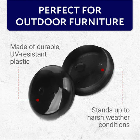 Patio Chair Feet Caps 1.5 Inch Black 32 Pack UV Resistant Plastic Furniture Leg Caps Outdoor Floor Protectors For Metal And Wood Chairs Prevent Scratches Moisture And Slips On Patio Decks showing two black plastic caps with text "Made of durable, UV-resistant plastic" and "Stands up to harsh weather conditions."