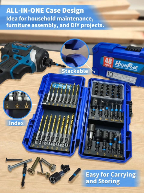48 Piece Impact Driver Bit And Drill Bit Set For Wood And Metal Drilling And Screw Driving With Hex Shank Drill Bits Magnetic Bit Holder Socket Adapter Nut Drivers In A Durable Index Carrying Case Pro Grade For Professionals And DIY Enthusiasts displayed in blue case with tools; focus on versatility and portability for maintenance and DIY projects.