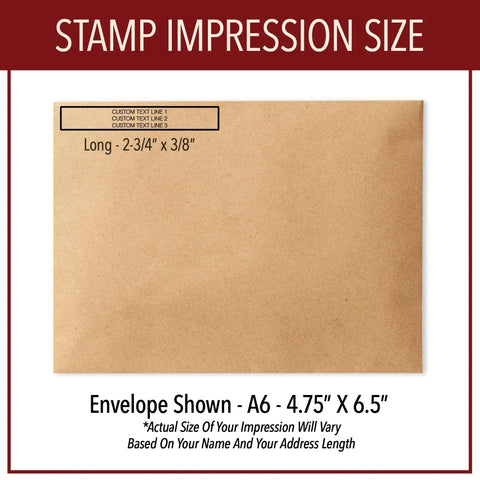 Kickass Custom Text Line Stamps With Self Inking Tech For Office And Home Personalized Rubber Stamp impression shown on A6 envelope.