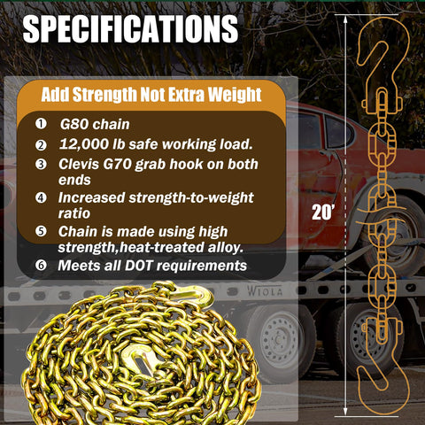 Specifications of G80 Half Inch Twenty Foot Transport Chain With Clevis Grab Hooks Tow Chain Heavy Duty 12000 Lbs SWL