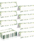 Stack of 48 Pcs Tented Desk Nameplates Set For Students, 9 By 3 Inch Eucalyptus Style Reusable Name Tags, double-sided design visible.