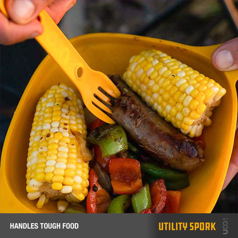 Using 3 In 1 Spork For Camping Utensil With Fork Spoon And Serrated Knife Edge Go To Lightweight Durable Glass Nylon Construction Ideal For Backpacking Hiking Scouting And Travel 2 Pack to hold corn.