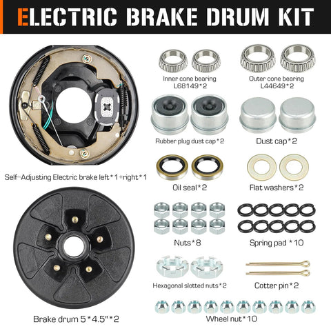 Electric brake drum kit AEagle 5 on 4.5 inch bolt circle for 3500 lb trailer axles, front view with drums and hardware