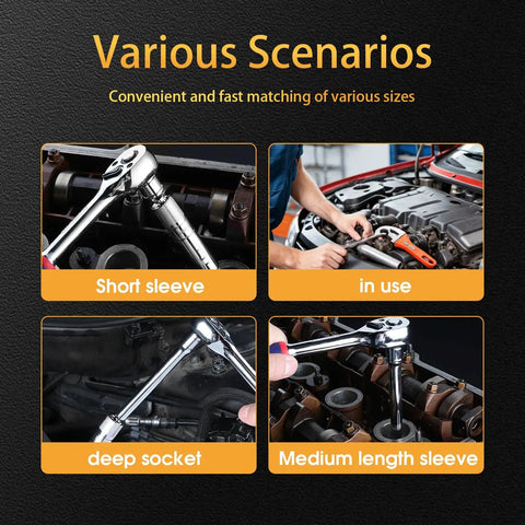 Four scenarios showcasing the Heavy Duty 3/8 Inch Drive Spark Plug Socket Set With Magnetic Rotary Receptacles in use