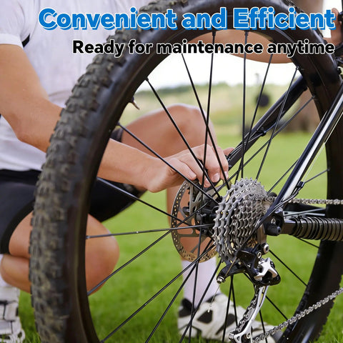 Person adjusting bike gears using All In One 103 Piece Bike Brake Cable Kit With Stainless Steel Wire Cutter on grassy lawn.