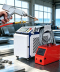 Portable Handheld Welder Machine Featuring Slick Digital Control Panel with welding gun setup in a workshop.