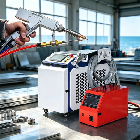 Portable Handheld Welder Machine Featuring Slick Digital Control Panel with welding gun setup in a workshop.