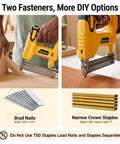 18 Gauge Cordless Brad Nailer 2 In 1 Electric Nail And Staple Gun Kit demonstrating brad nails and narrow crown staples for DIY projects.