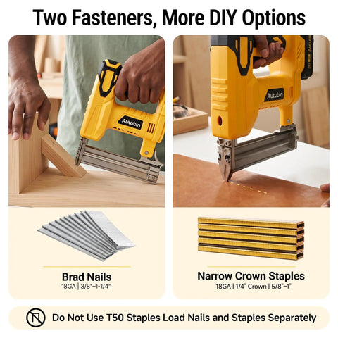 18 Gauge Cordless Brad Nailer 2 In 1 Electric Nail And Staple Gun Kit demonstrating brad nails and narrow crown staples for DIY projects.