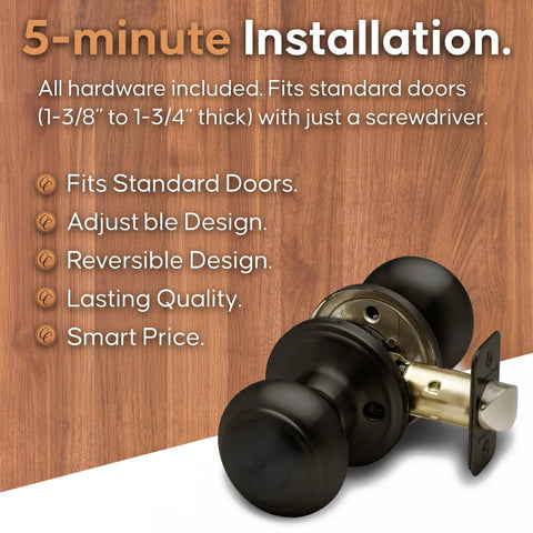 Colonial Style Tuscan Bronze Passage Interior Door Knob, ANSI Grade 3 Certified, shown with reversible design features