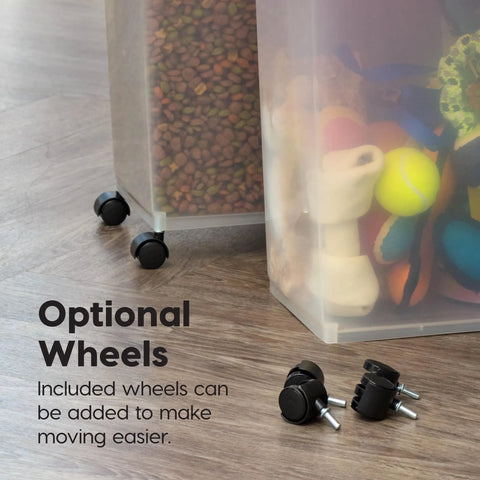 Two Pack Dog Food Storage Containers With Airtight Seal And Rolling Wheels Holds Up To 30 Lbs Each One Hand Open BPA Free Made In USA Clear And Black showing optional wheels with pet food
