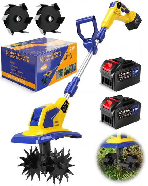 Cordless Garden Tiller Cultivator With 720 RPM Power, Dual 6.0Ah Batteries And Charger, Includes Soil Tilling Blade And Weed Removal Blade