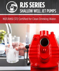 Heavy Duty Cast Iron Shallow Well Jet Pump With 3/4 HP Motor Pulling 16 GPM At 115 Or 230 Volt with glass of water.