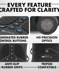 Close-up of 10x25 Digital Night Vision Monocular With Built In 4K HD Video Camera Black featuring rubber grips and precision optics