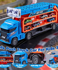 Race Track Truck Toy Set For Kids Aged 3 To 6 Years Old Four In One Carrier Truck With Dual Foldable Race Tracks And Detachable Cab Includes Six Die Cast Cars Ideal Gift For Boys Blue showing truck features.