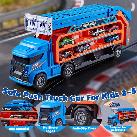Race Track Truck Toy Set For Kids Aged 3 To 6 Years Old Four In One Carrier Truck With Dual Foldable Race Tracks And Detachable Cab Includes Six Die Cast Cars Ideal Gift For Boys Blue showing truck features.