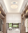 Three Light Modern Semi Flush Mount Ceiling Light With Double Fabric Drum Shade 12 Inch Close To Ceiling Fixture in closet