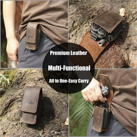 Badass Leather Multitool Sheath For Men Featuring Magnetic Closure Belt Holster Everyday Carry Organizer Fits Leatherman Gerber Folding Tools Compact Bit Case Storage Solid Dark Brown Finish worn on a belt with tools visible.