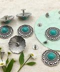 Straight Fire Green Turquoise Concho Buttons 10 Pack With Screw Back Fasteners ideal for leather work, showcasing a variety of buttons and fasteners.