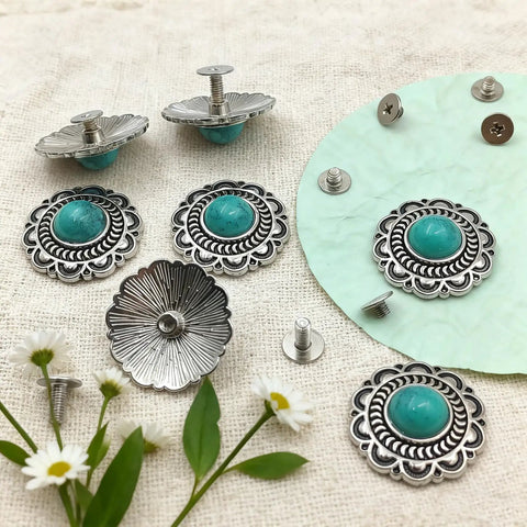 Straight Fire Green Turquoise Concho Buttons 10 Pack With Screw Back Fasteners ideal for leather work, showcasing a variety of buttons and fasteners.