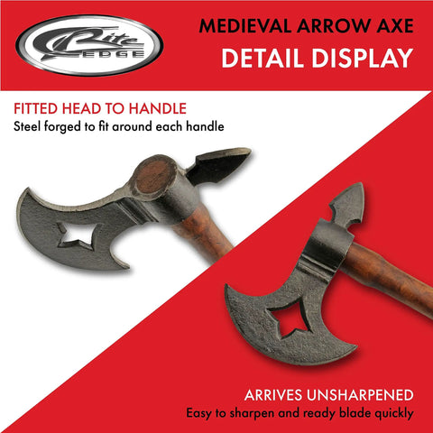 Detail of Handcrafted Medieval Axe 13 Inch Replica with wood handle and carbon steel head, arrow hawk head design, unsharpened blade.