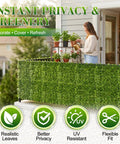 Artificial Ivy Privacy Fence Screen Set 120 By 40 Inches with woman arranging plants, outdoor patio view with greenery.
