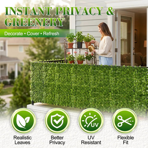 Artificial Ivy Privacy Fence Screen Set 120 By 40 Inches with woman arranging plants, outdoor patio view with greenery.