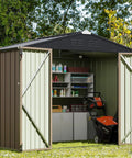 8x6 Foot Outdoor Storage Shed With Sloped Roof Metal Garden Tool Shed With Locking Door For Patio Storage Weatherproof Backyard Organization For Tools And Equipment Also Suitable As A Pet House Light Brown with open doors showing garden tools and equipment inside.