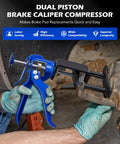 Dual Piston Brake Caliper Compressor Tool For Fast Pad Replacement Pro Grade Gear Heavy Duty Disc Brake Piston Tool For Most Cars And Trucks Easy Caliper Retraction For DIY Auto Maintenance being used to retract a brake caliper piston.